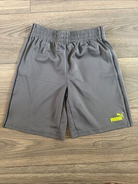 Puma Kids Gray Athletic Shorts with Neon Yellow Logo